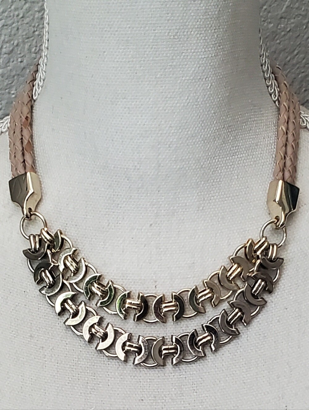 White House Black Market Braided Tan Faux Leather Gold-Tone Statement Necklace - Picture 4 of 8